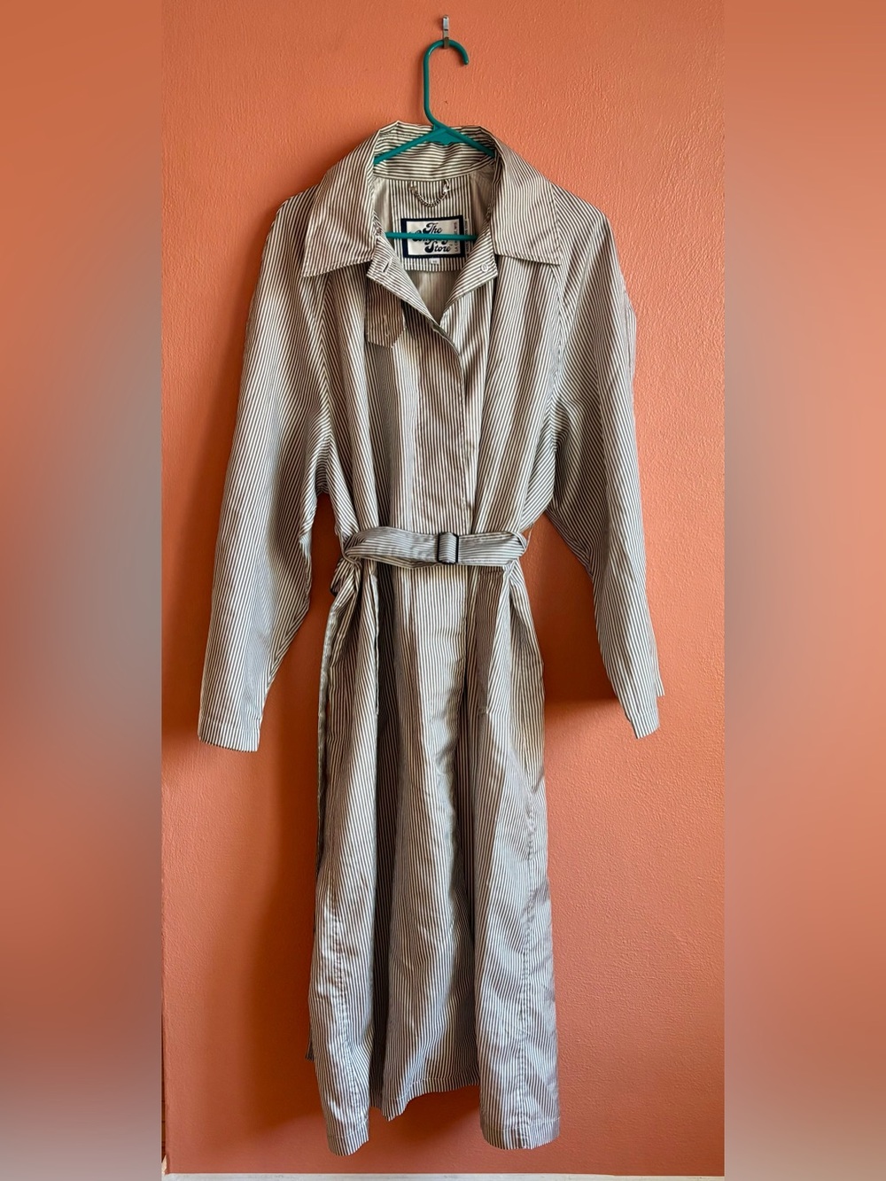 A Vintage "The Company Store" Trench Coat In Grayish and White Stripes